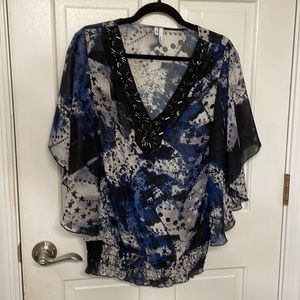 Studio Y blue/black/gray sheer blouse with embellished neckline. Size large.